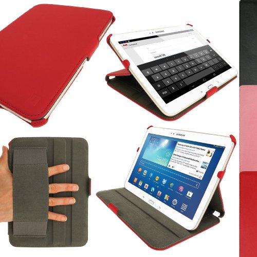 igadgitz Rot PU Ledertasche Hülle Cover für Samsung Galaxy Tab 3 10.1" GT-P5210 mit Multi Winkelbetrachtungs Stand + Auto Sleep/Wake + Integrierte Handschlaufe + Displayschutzfolie
