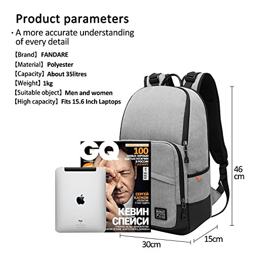 FANDARE Rucksack 15.6 Zoll Laptoprucksäcke Notebook Fahrradrucksäcke Trekkingrucksäcke Wanderrucksäcke Schulrucksack Arbeit Daypack Reisen Studenten Herren Damen Wasserdicht Polyester - 6