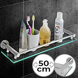 Étagère pour Salle de Bain - Murale, en Verre Trempé et Aluminium, Largeur 50 cm, Matériel de Montage Inclus, Argenté - Serviteur de Douche, Support Mural