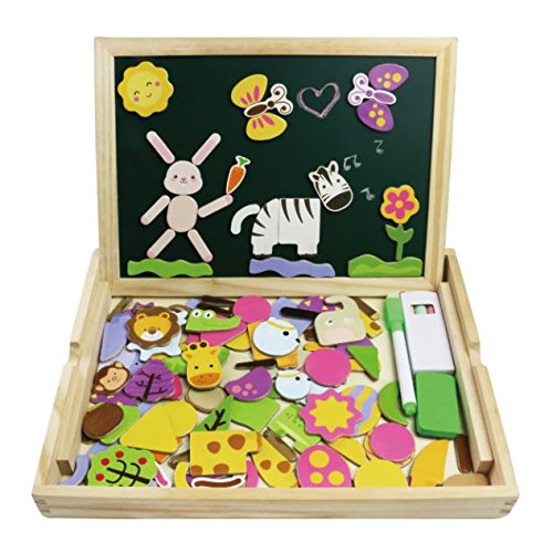 Wooden Jigsaw Puzzles 123 PCS Forest Animals Double Sided Magnetic Wooden Drawing Board with Gift Package for Children over 3 Years Old