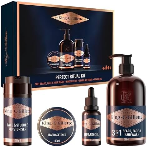 King C. Gillette Kit da Viaggio per la Cura Perfetta della Barba degli Uomini, Cofanetto Regalo Uomo, include Lavaggio Barba, Viso e Capelli 3in1 + Idratante + Balsamo 60 ml