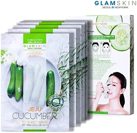[GLAMSKIN] Jeju Cucumber 3D Sheet Mask Pack of 5 / Sliced Cucumber Printed / Natural Crystal Cellulose Sheet