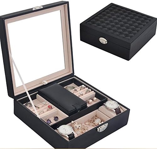 GZXCPC Modern square Jewelery box Jewelery storage made of leather and wood, with 2 levels, snap lock and built-in mirror, many colors , black