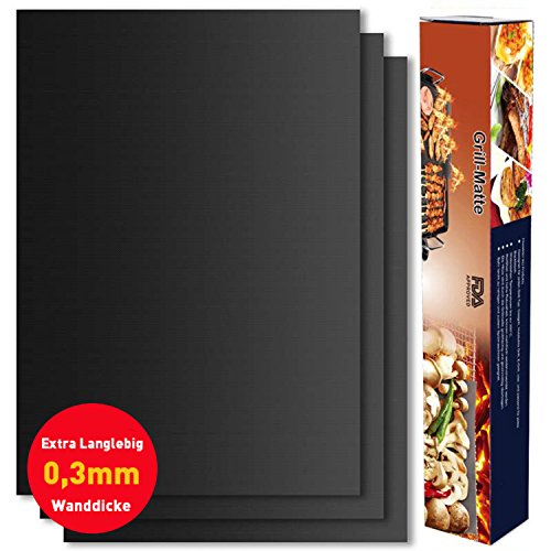 Grillmatte (3er Set) antihaft und wiederverwendbar zum Grillen und Backen | Backpapier Backmatte Dauerbackfolie Grillfolie aus Silikon mit Antihaftbeschichtung aus Teflon | je 40×33 cm, 0,3mm dick, leichter Zuschnitt und Spülmaschinenfest | LFGB und FDA Zulassung - 2
