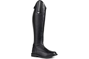 horze Verona High Riding Boot with Rear Zip. Leather Strap, Leather Look, Low Heel, Elastic Lacing On The Foot, 2 Calf Widths Standard, Wide, Black