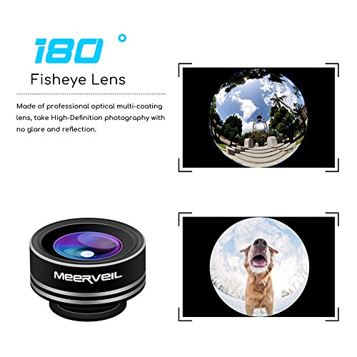 Meerveil Fisheye Lente Smartphone, Mini 3 in 1 Clip-on, Lente Fisheye Suprema 180 Gradi, Lente Grandangolo 0.67X, Lente Macro 10X, per iPhone6/6s/7/8, Samsung, Huawei, e altri cellulari