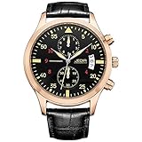 JEDIR Herren Chronograph Quarzuhr Volles schwarzes Zifferblatt mit Zahlen Datumsanzeige Gehäuse aus Weichem Lederband (Roségold)