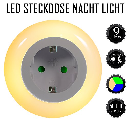 LED Steckdose Nachtlicht mit Dämmerungssensor Emotionlite Nachtlampe Kinder Schützen Steckdose Orientierungslicht Stimmungslicht Mehrfarbig (Grün, Blau, Warmweiß) Auswechselbar Helligkeitssensor 0.6W Max. 3680W 16A