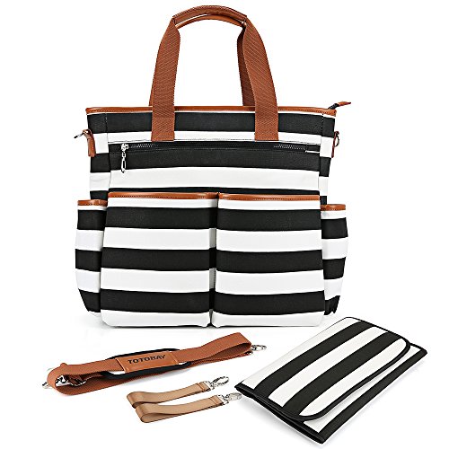 Preisvergleich Produktbild Wickeltasche TOTOBAY Babytasche Wickeltasche Multifunktionale Mama Handtasche mit 13 Taschen Kinderwagen gurt gratis Wickelunterlage Weekender Tote PU Geschenkpapier PU unten schwarz weiß gestreift