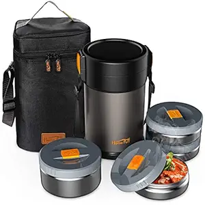 Home Puff XL Lunch Box Stainless Steel Vacuum Insulated with Bag, 2.3L, 4 Containers, Grey