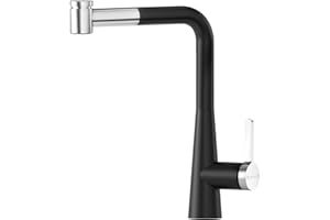 DAYONE Black Pull Out Kitchen Sink Mixer Taps, Zinc Alloy Kitchen Sink Tap with Two Functions Sprayer, 360° Swivel Single Handle Kitchen Faucet with UK Standard Fittings,Black & Chrome