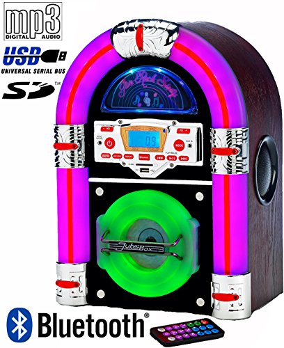Mini-Jukebox-COLOUR-CHANGING-Light-Tubes-Table-Top-CD-Player-Bluetooth-Plays-music-from-MP3-players-iPod-iPhone-Smart-Mobile-Phones-etc-AM-FM-Radio-Mains-Electric-Real-Wood-Veneer-inc-Remote-Control-B
