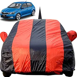 Autofact Car Body Cover for Skoda Fabia with Mirror and Antenna Pocket (Light Weight, Triple Stitched, Heavy Buckle, Bottom Fully Elastic, Red Stripes with Navy Blue Color )