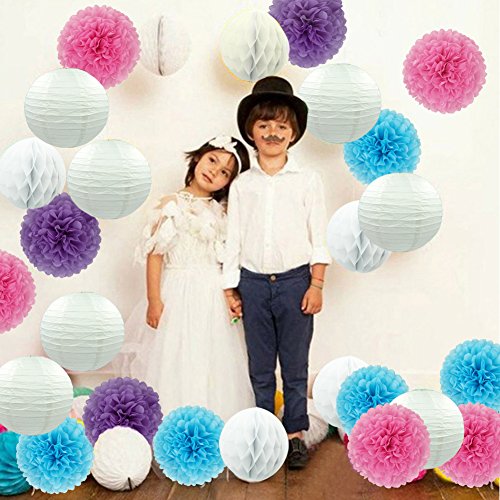 MOONPOP DIY Pom Poms Deko 9 Set – Inhalt 3x Paper Flower Ball 10“, 3x weiße Laternen 10“ und 3x weiße Wabenbälle 8“ für Hochzeit Geburtstag Party Hause Deko (Pink Serie) - 7