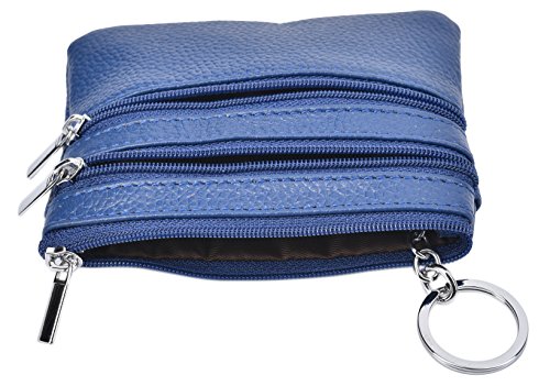 Outrip Womens Mini Coin Purse Wallet Genuine Leather Zipper Pouch with Key Ring (Blue)