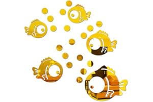 VOSAREA Adesivo murale in Acrilico 3D Adesivi Specchio Pesci e Bolle Adesivi ecologici per Camera da Letto Salotto Arredo Bagno (Dorato)