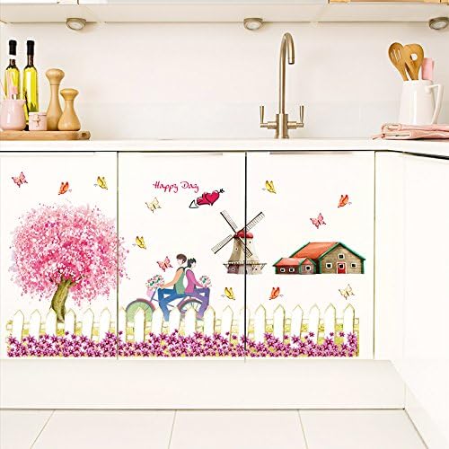 Romantic Removable Wallpaper PINK Blossom Tree Buttefly Lover Skirting Line Bedroom Wall Stickers Wall Decal Home Decor