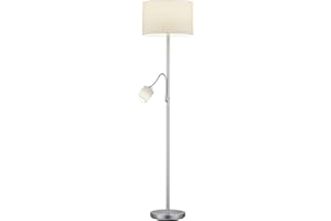 ‎LIGHTLING lightling modern Stehleuchte mit Lesearm in nickel matt, Stoffschirm weiß, exkl. 1 x E27 max. 60W und 1 x E14 max. 18W, ø 35 cm, Höhe: 170 cm