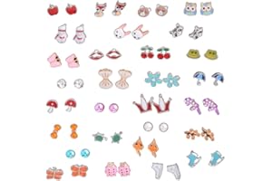 TOFBS 30 Pares Pendientes para Niñas y Mujeres, Lindos Animales Zorro Rana Hongo Margarita Perla Corona Corazón Arco Iris Juego de Aretes