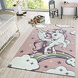 Fußbodenheizung geeignet TT Home Kinder Teppich Moderner Spielteppich Einhorn Sternen Design Mit Wolken Rosa, Größe:160x230 cm