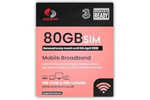 SCANCOM Three 80GB Data SIM - Uncapped 5G - Preloaded MONTHLY Until April 2028 - Plug & Play for Routers & Phones - Access to Three & Vodafone - Connects to the Strongest Signal available
