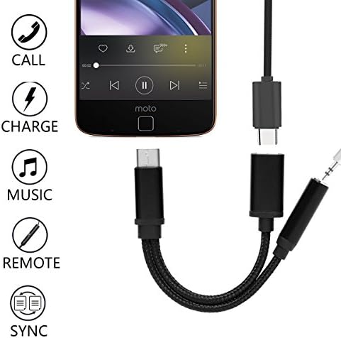 Bkayp 2 in 1 Nylon Braided Type C to 3.5mm Audio Headphone Jack Conversion Adapter with Type C Charging Port Splitter for LeEco Le 2, Letv Le Max 2, Letv Le Pro 3, Xiaomi 6 and Other Smartphones