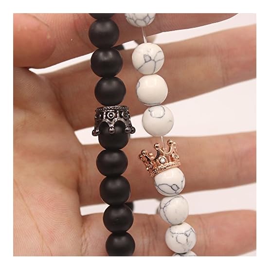 UEUC Par Distancia Pulseras para lovers-2pcs Negro Mate Blanco y ágata Howlita Bolas de 8 mm - Imagen 6