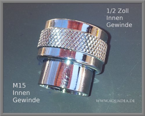 1/2 Zoll IG x M15 IG, Gewinde Adapter 1/2 Zoll Innengewinde auf M15 Innengewinde verchromt für Gewinde von neueren Designhähnen – für kleine Perlstrahlergewinde zum Anbringen z.B. eines Aquadea Crystal Wirblers oder Wasserfilters. Vola - 2