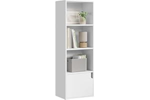 eSituro Libreria Verticale con 3 Scomparti a Giorno e 1 Armadietto, Scaffale Salvaspazio per Studio, Ufficio, in Truciolare e MDF, Bianco, 34x24x106 cm