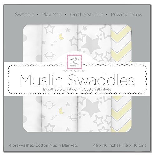 SwaddleDesigns X-Large Cotton Muslin Swaddle Blankets, Sterling Starshine, Set of 4