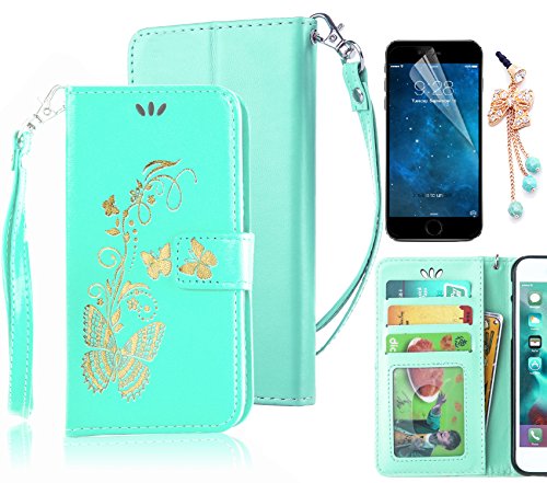 Preisvergleich Produktbild Sunroyal Ultra Slim Flip Lederhülle Etui für Samsung Galaxy S6 Edge Strass Bräunung Stil Grün Gold Schmetterling Blume Muster Abnehmbar Handy Lanyard Stand Card Holder mit Magnet Bronzing Drucken Schmetterling Golden,Elegant Retro Schön Butterfly Flower PU leder Tasche Hülle Case Bumper + 1 x Frei Displayschutzfolie und Bling Diamant Kristall Anti-Staub Stecker-Green