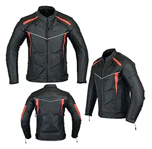 MOTORCYCLE ARMORED LEATHER JACKET BLACK WITH RED STRIPS ARMOR LJ-4009 L