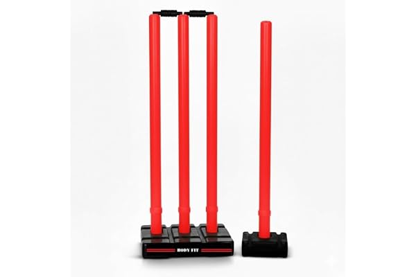 Bodyfit Heavy Duty Cricket Stumps Plastic Wickets Set with 4 Stumps + 2 Bails + 2 Stands Full Size Wickets for Cricket Ground, Tournament Wicket, Floro Red.
