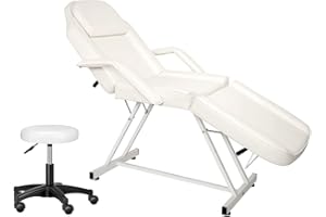 Qupzze Beauty Bed, 3 Section Adjustable Massage Table and Stool Massage Bed with 360-Degree Rotating Stool Detachable Armrest and Headrest Massage Table Beauty Table for Spa Salon (White)