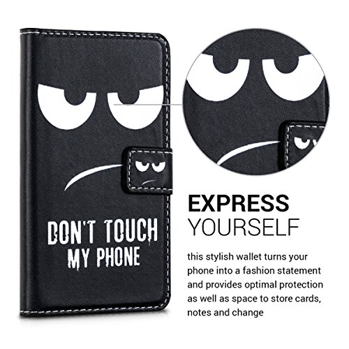 kwmobile Custodia portafoglio per Samsung Galaxy S2 S2 PLUS - Cover a libro in simil pelle Design Don't touch my phone Flip Case con porta carte funzione appoggio bianco nero