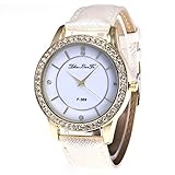 Dilwe Unisex Armbanduhr, Freizeituhr mit Lederband und rundem Strass Zifferblatt für Paare(Weiß)