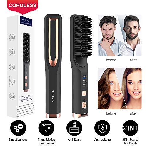 Männer Wirless Schnelle Bartkamm Glattes Haar kämmen, ANLAN Electric Cordless Heated Beard Straightener Comb Brush Tragbare Glätteisen Haarglättung Multifunktionale 3 in 1 Temperaturmodi