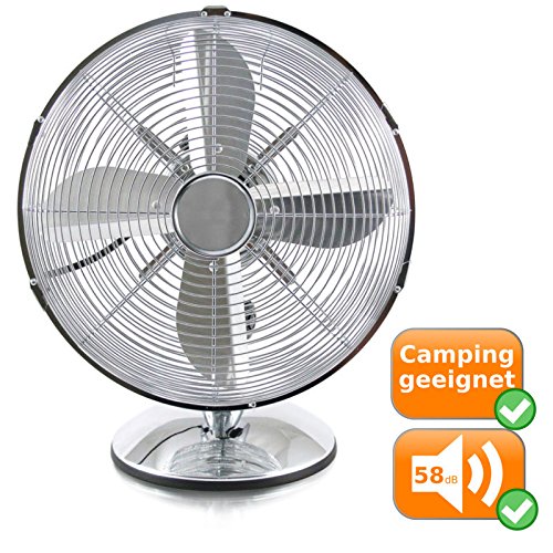 Tischventilator mit 30cm Durchmesser. Chrom Windmaschine mit 3 Geschwindigkeitsstufen und 35Watt Leistung. Die 3 Leistungsstufen und die zuschaltbare Drehfunktion bieten eine optimale Luftverteilung an heißen Tagen. Ventilator ist ideal für zu Hause in den Wohnräumen oder auf der Terasse/Balkon. Auch ideal für das Büro, für die Werkstatt oder beim Campen
