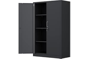 iJINGUR Metal Storage Cabinet with Locking Doors and 3 Adjustable Shelves, Lockable Steel Storage Cupboard for Home Office Garage Pantry (Black)