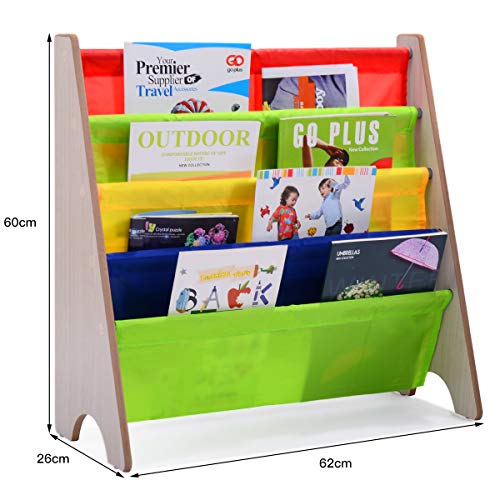 COSTWAY Kinder Bücherregal mit 4 Ablagefächern, Hängefächerregal Holz