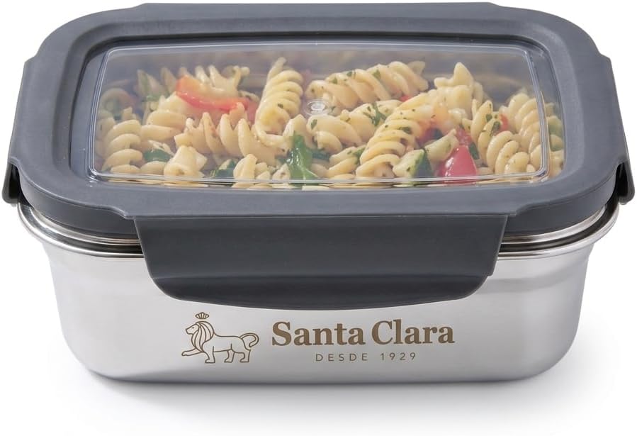 INDE SANTA CLARA | Fiambrera de Acero Inoxidable 0.6L Hermética para Microondas, Tapa Plástica con 4 Cierres, Apta para Horno, Tupper Acero Inoxidable, Bento Box, Termo Comida