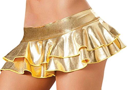 TFUSIS Lingerie PU Leather Babydoll Clubwear Pleated Mini Skirt Nightclubs Costume Gold