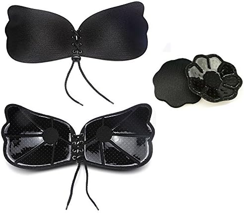 Gesentur Newest Push Up Bra, Self Adhesive Bra, Women's Silicone Strapless Backless Stick On Bra Self Adhesive With Drawstrings Bra (A, Black-1)