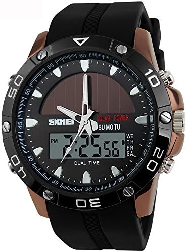 SKMEI Outdoor Mens Watches Solar Analog and Digital Quartz Black Soft Silicone Band Alarm Teenager Stopwatch Back-Light Waterproof