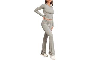 Famulily Women's Tracksuit Two Piece Outfit Skims Dupe Long Sleeve Fold-over Crop Top and Low Rise Flare Pants Set Lounge Sets S-L