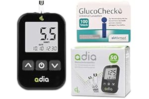 adia Vorteilspack Blutzuckermessgerät-Set (mmol/L) + 60 Blutzuckerteststreifen + 110 Lanzetten zur Kontrolle des Blutzuckers