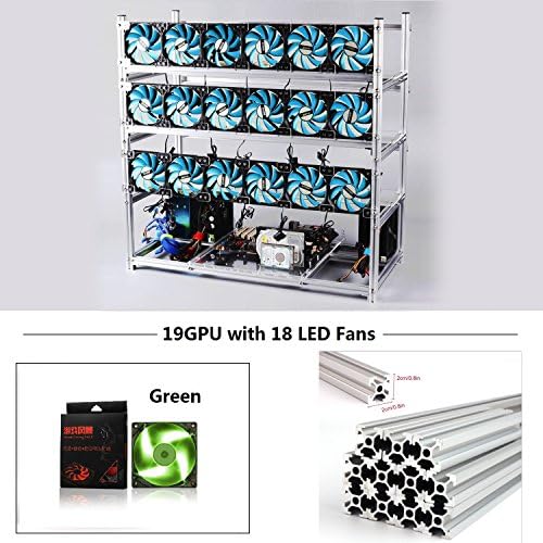19 GPU Mining Rig Aluminum Stackable Case With 18 LED Fans Open Air Frame Miner Kit For ETH/ZEC/Bitcoin/Decred/Z Cash (Silver-GF)