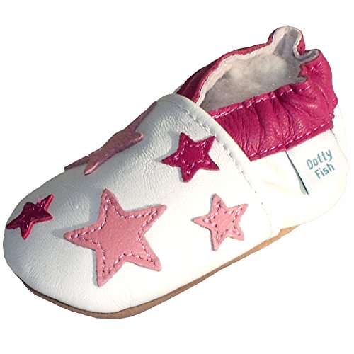Soft Leather Baby Shoes Girls with Suede Soles by Dotty Fish White and Pale Pink Star Design 18-24 Months