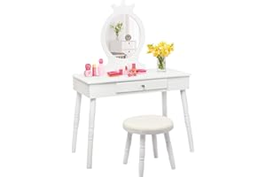 ‎COSTWAY COSTWAY Kinder Schminktisch, 2 in 1 Make-up Tisch & Schreibtisch mit abnehmbarem Spiegel & Hocker, Frisiertisch mit Schublade & Kiefernbeinen, Kosmetiktisch bis 65kg belastbar, 70 x 34 x 100cm (Weiß)