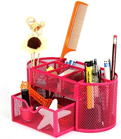 Mesh Metal Office Desk Tidy Storage Rack Desktop Stationary Organiser Shelf with Drawer Set Pencil Pen Holder Vase Rose